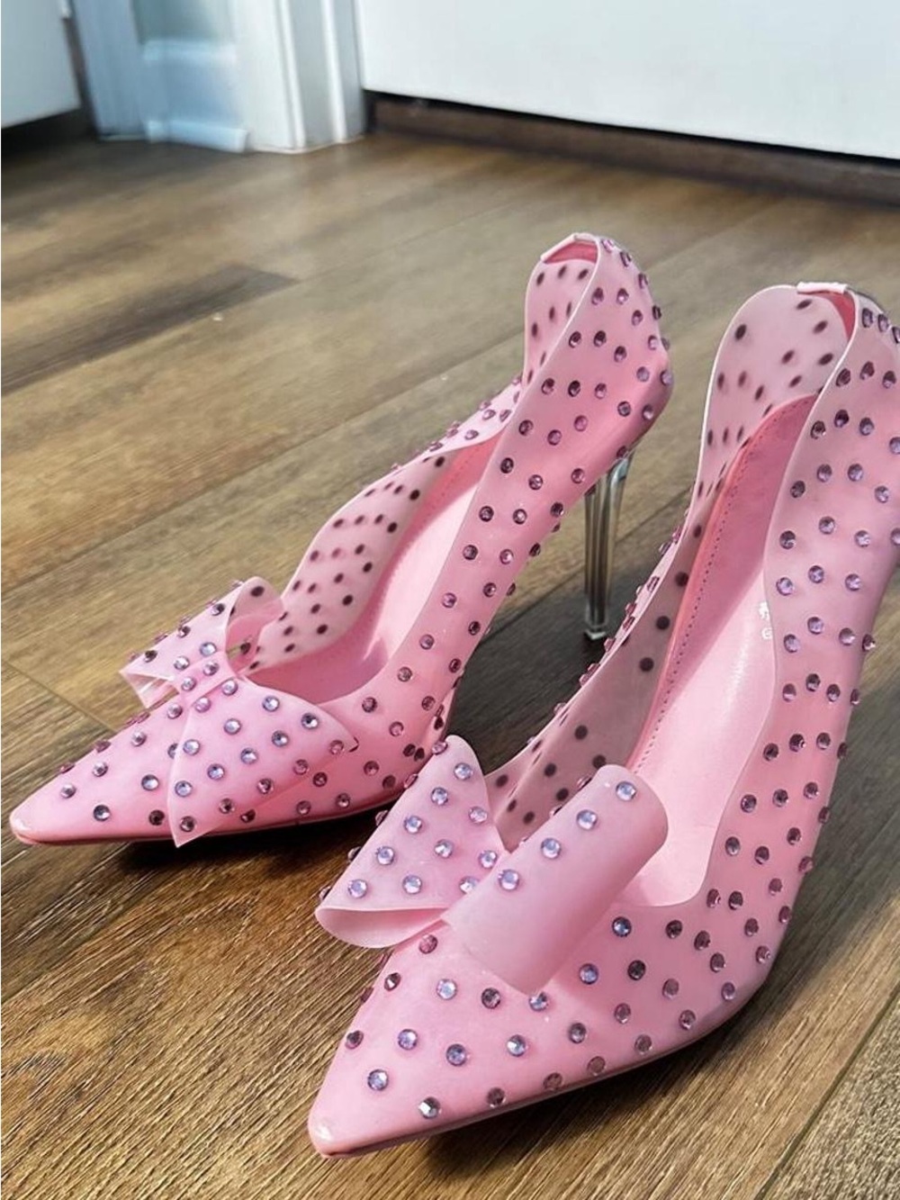 Public Desire Pink Rhinestone Bow Heels